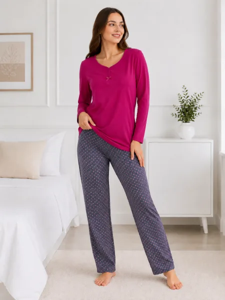 Pijama  damă  Serena bluză cu maneca lunga și pantaloni -Fucsia,Engros