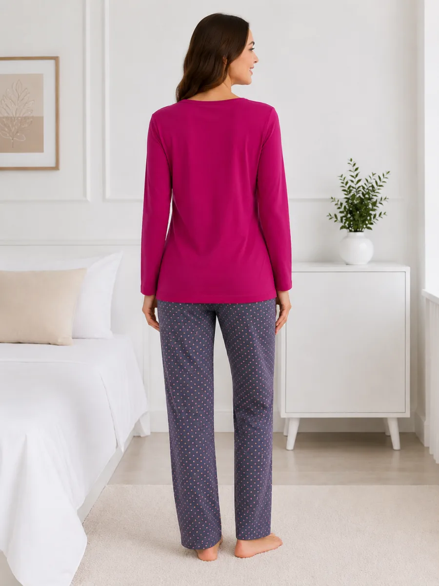 Pijama  damă  Serena bluză cu maneca lunga și pantaloni -Fucsia,Engros — Image 4