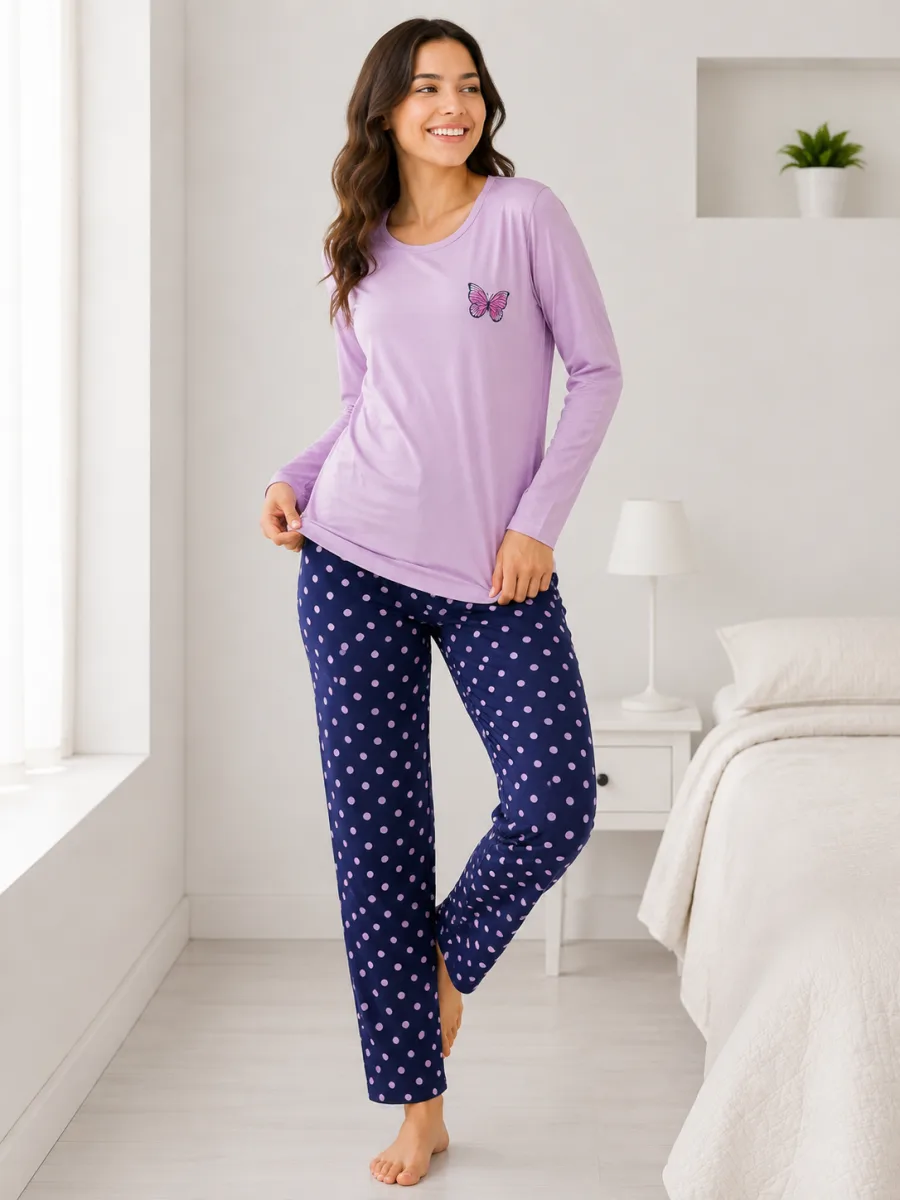 Pijama  damă  Serena bluză cu maneca lunga și pantaloni -Lila,Engros — Image 3