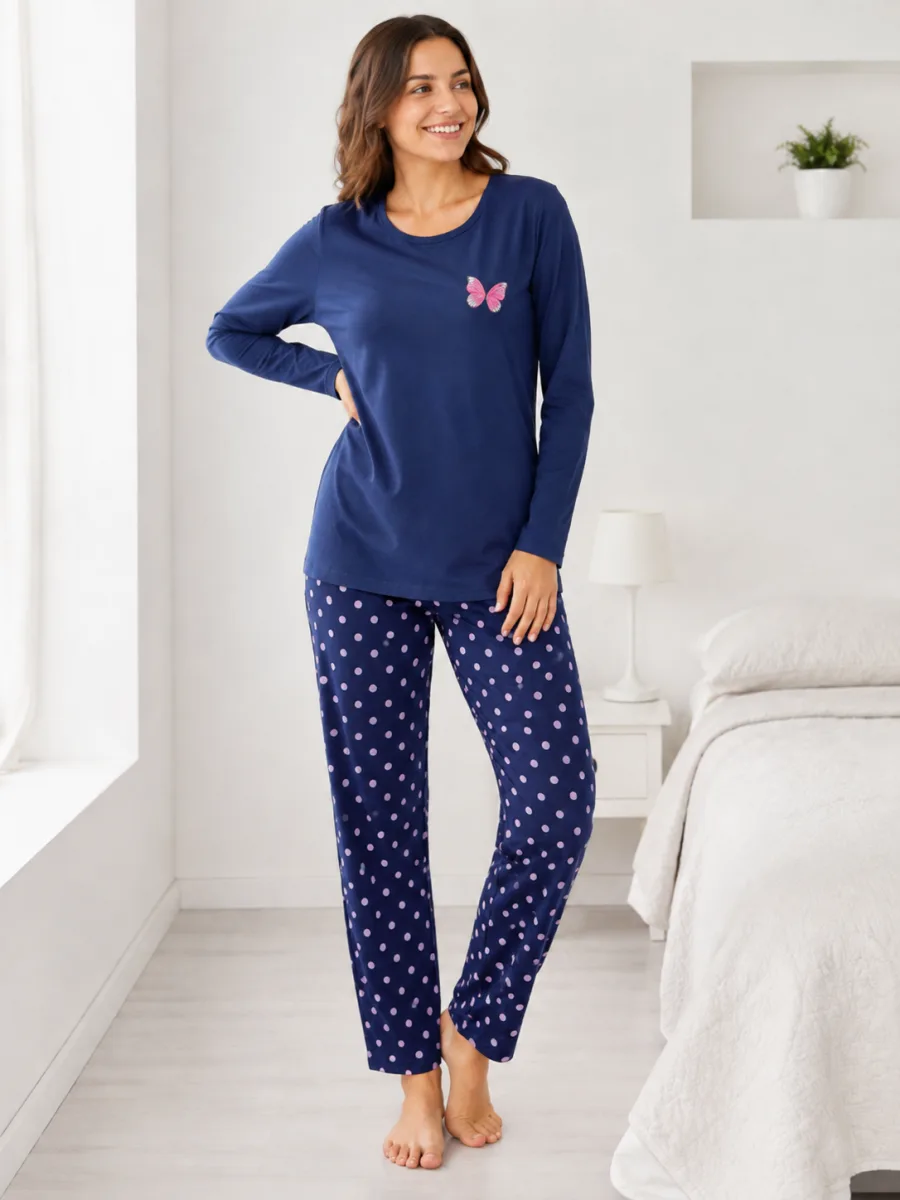 Pijama damă  Serena  bluză cu maneca lunga și pantaloni -Bleumarin,Engros — Imaginea 2