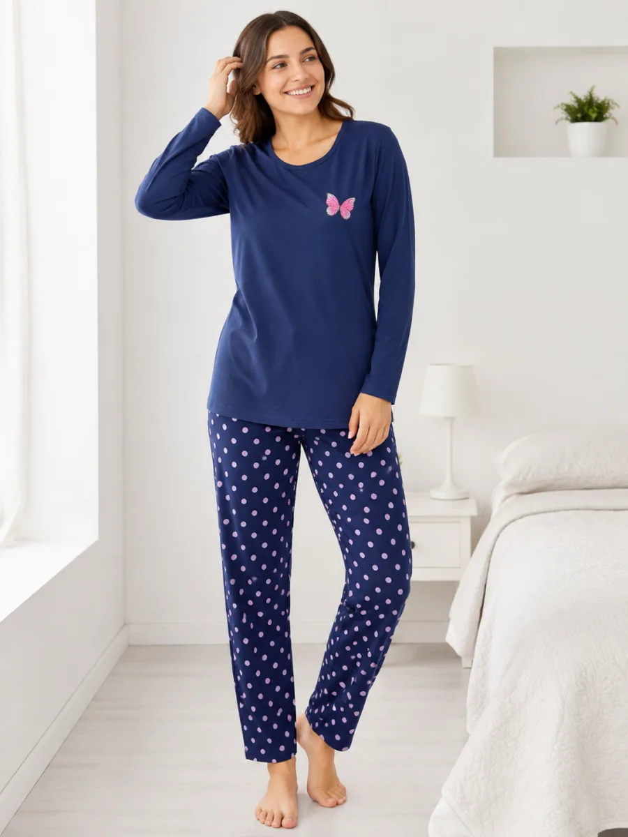Pijama damă  Serena  bluză cu maneca lunga și pantaloni -Bleumarin,Engros — Imaginea 3