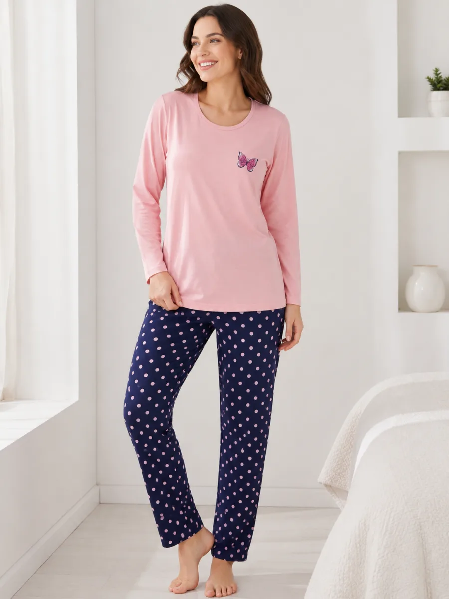 Pijama damă  Serena bluză cu maneca lunga și pantaloni -Roz pal,Engros — Görsel 3