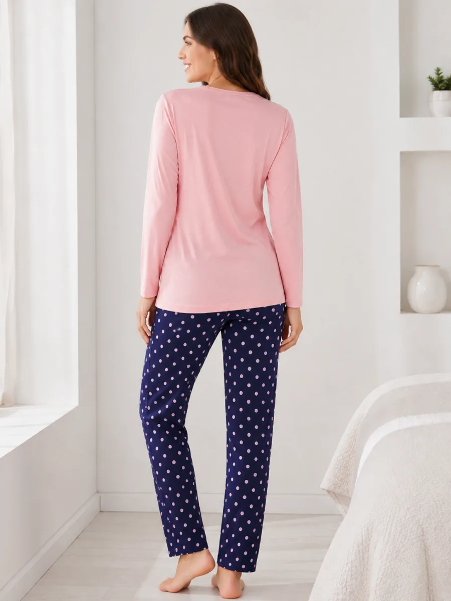Pijama damă  Serena bluză cu maneca lunga și pantaloni -Roz pal,Engros — Görsel 4