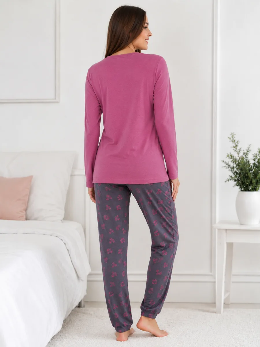 Pijama damă  Serena  bluză cu maneca lunga și pantaloni -Mov inchis,Engros — Imaginea 4