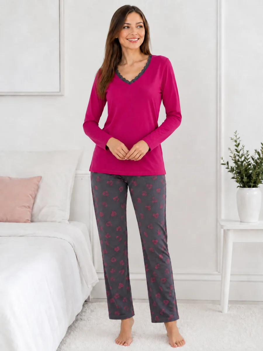 Pijama damă  Serena bluză cu maneca lunga și pantaloni -Fucsia,Engros — Image 2