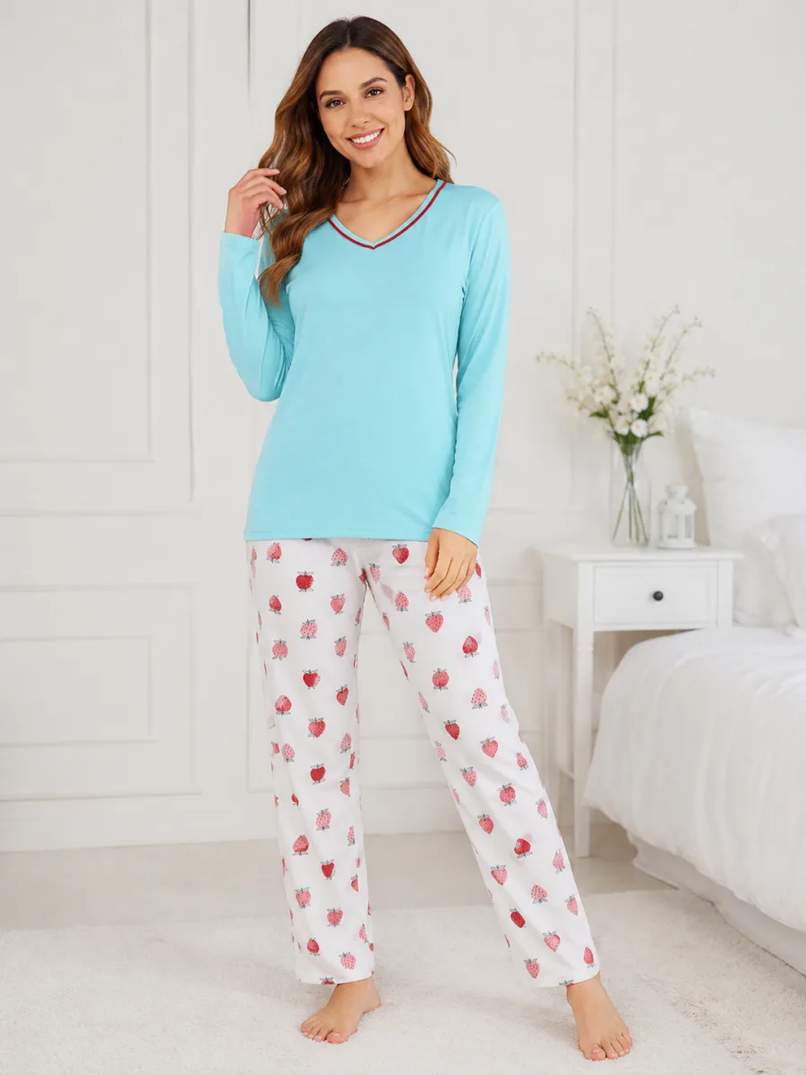 Pijama damă Serena  bluză cu maneca lunga și pantaloni -Bleu ,Engros — Imaginea 2
