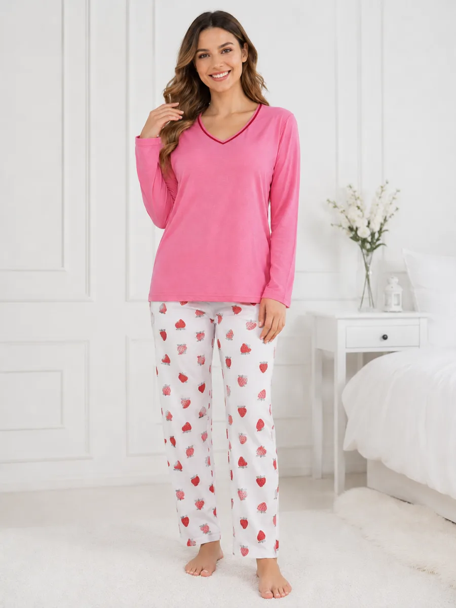 Pijama damă  Serena  bluză cu maneca lunga și pantaloni -Roz ,Engros — Görsel 3