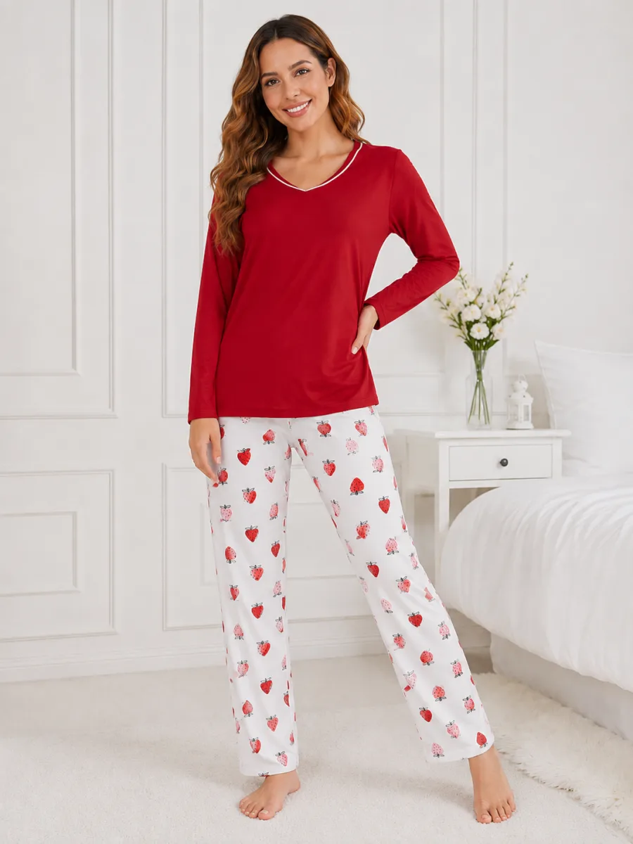 Pijama damă  Serena  bluză cu maneca lunga și pantaloni -Rosu ,Engros — Image 2