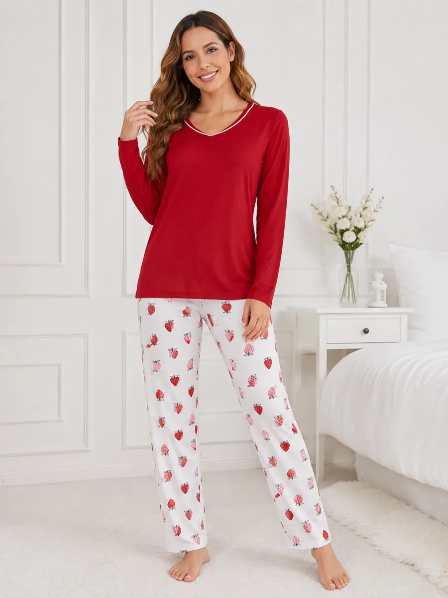 Pijama damă  Serena  bluză cu maneca lunga și pantaloni -Rosu ,Engros — Image 3