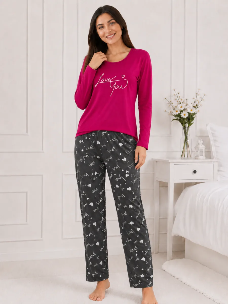 Pijama  damă  Serena bluză cu maneca lunga și pantaloni -Fucsia,Engros — Görsel 2