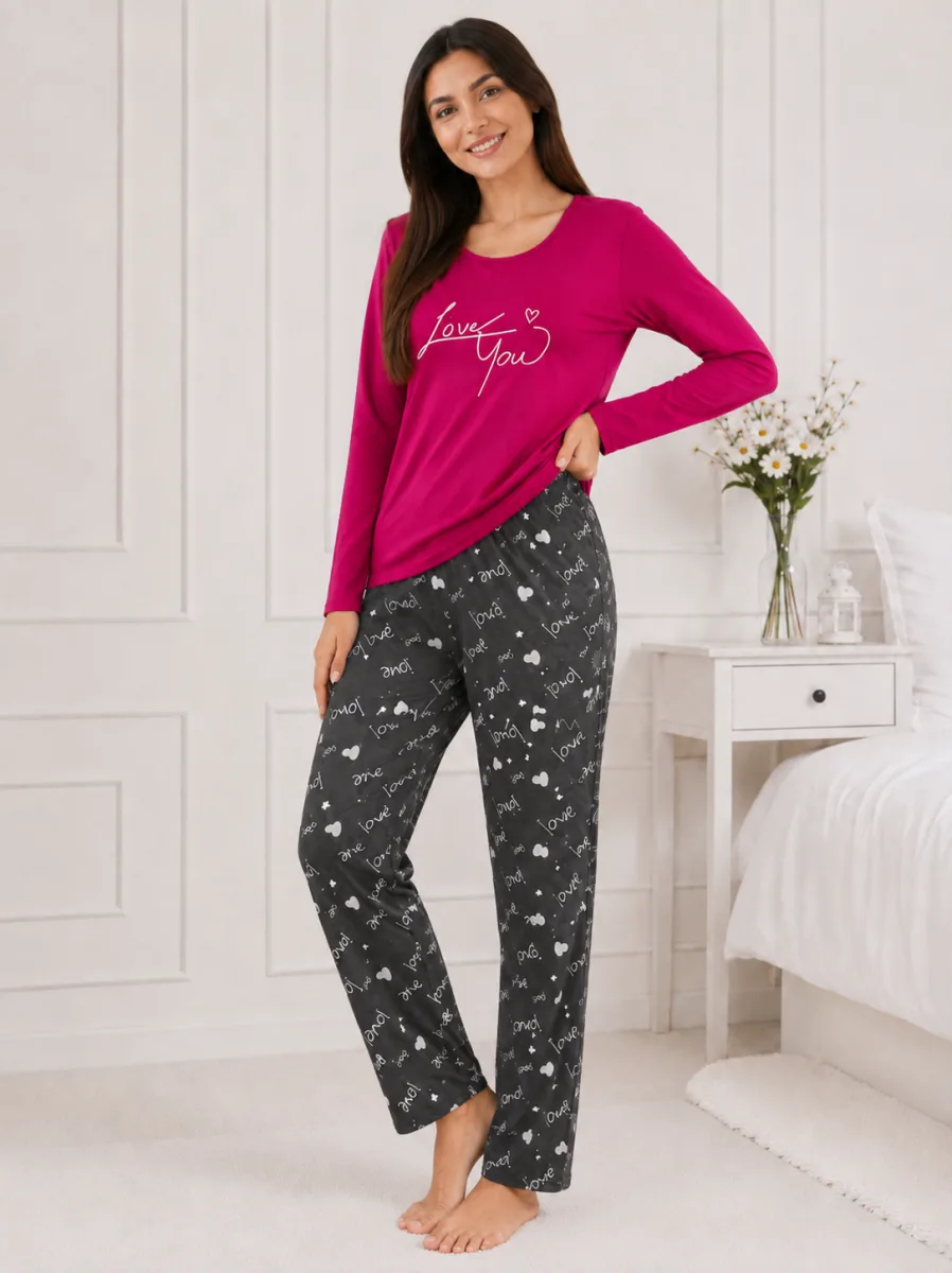 Pijama  damă  Serena bluză cu maneca lunga și pantaloni -Fucsia,Engros — Görsel 3