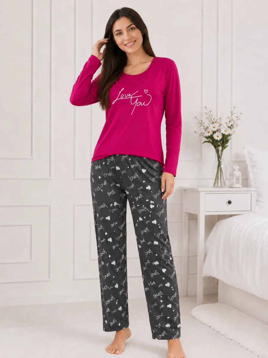Pijama  damă  Serena bluză cu maneca lunga și pantaloni -Fucsia,Engros — Görsel 4