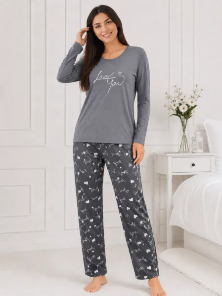 Pijama  damă  Serena  bluză cu maneca lunga și pantaloni -Gri,Engros