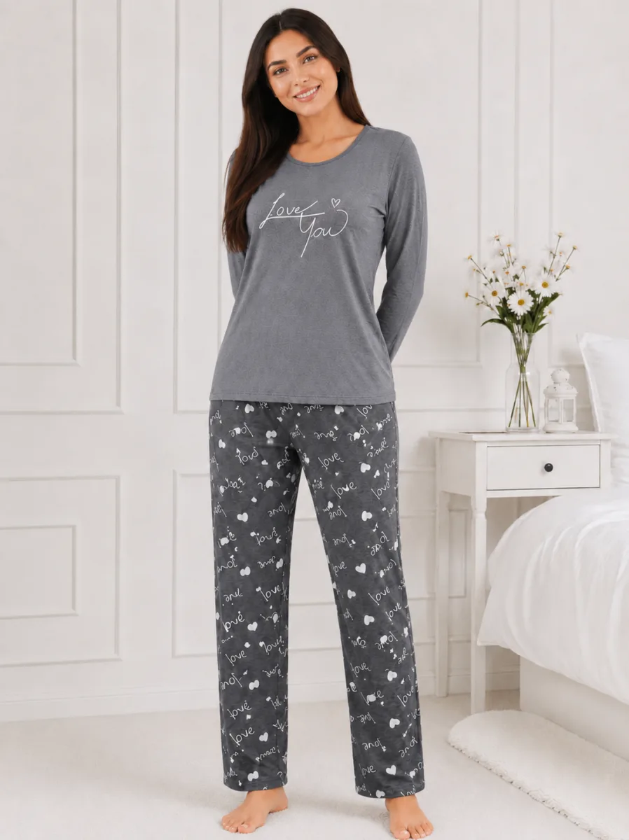 Pijama  damă  Serena  bluză cu maneca lunga și pantaloni -Gri,Engros — Görsel 2