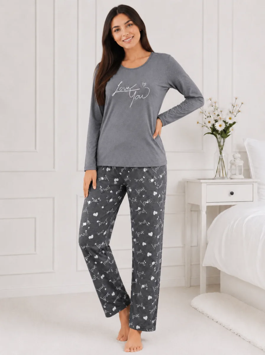 Pijama  damă  Serena  bluză cu maneca lunga și pantaloni -Gri,Engros — Görsel 3