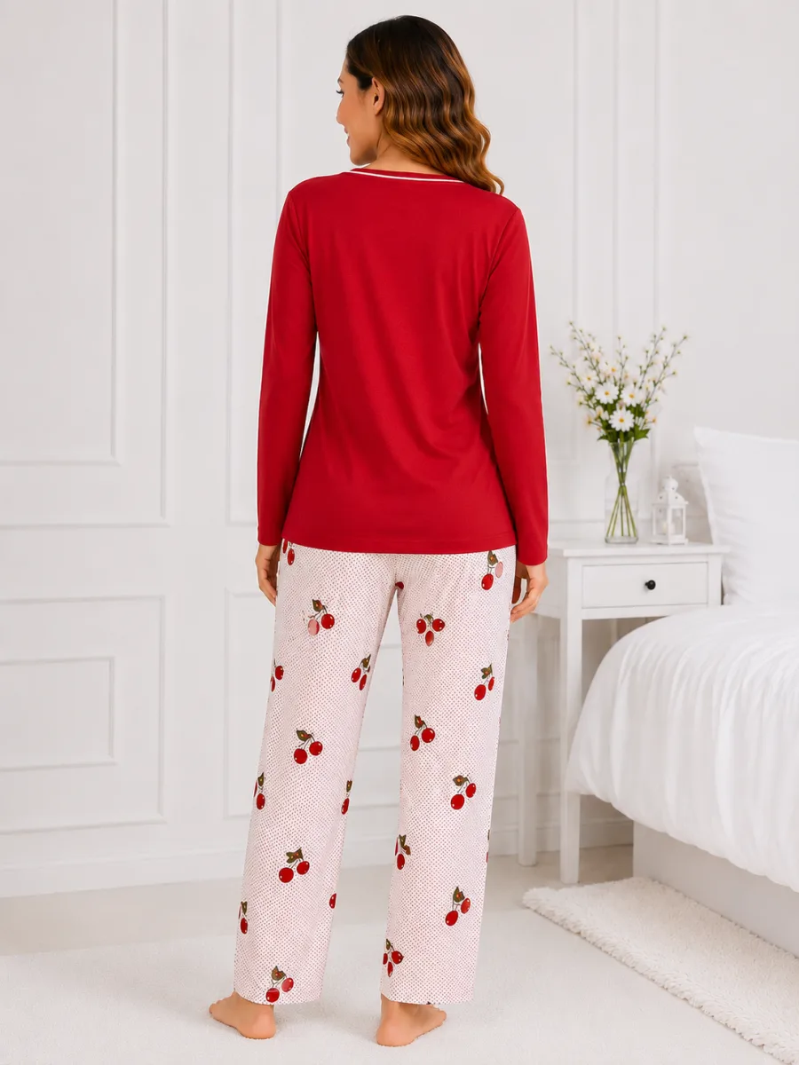 Pijama damă  Serena  bluză cu maneca lunga și pantaloni -Rosu ,Engros — Image 1