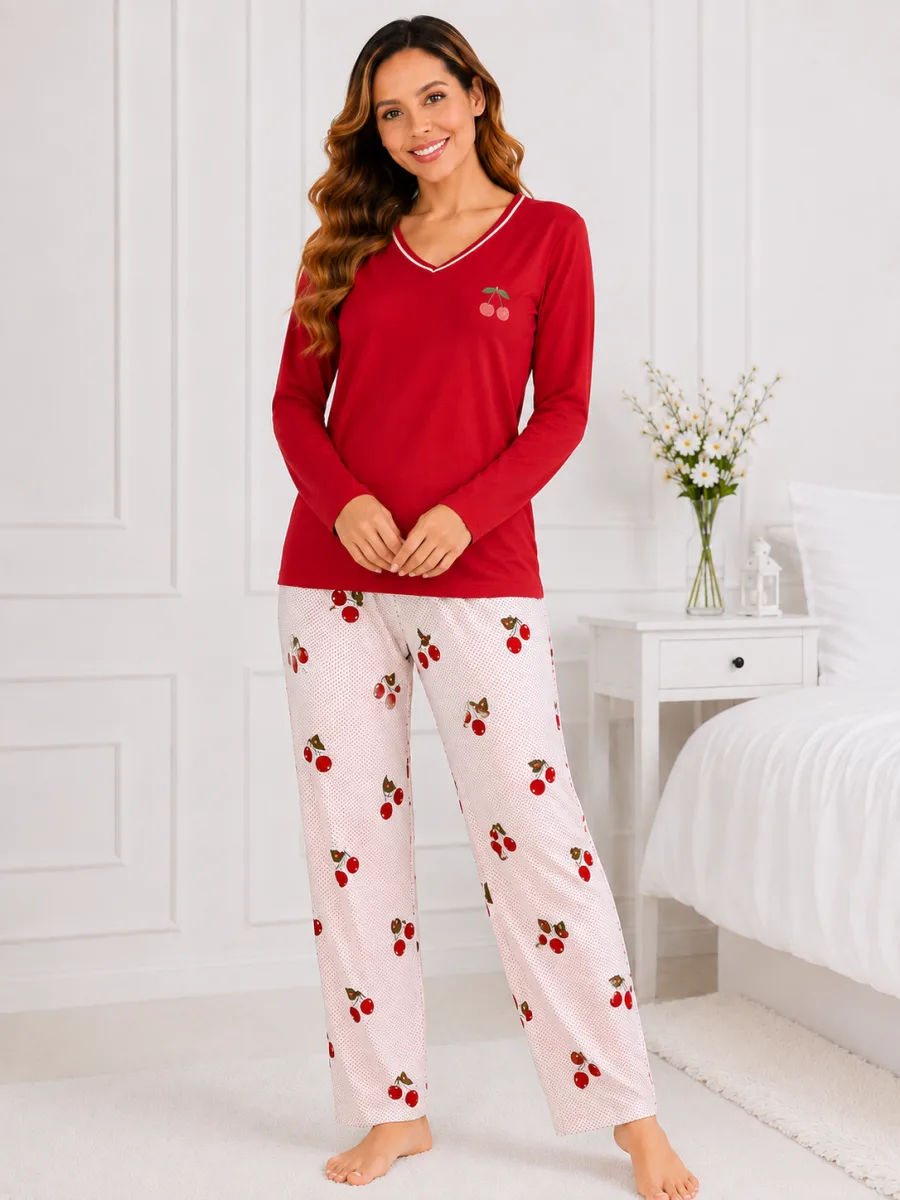 Pijama damă  Serena  bluză cu maneca lunga și pantaloni -Rosu ,Engros — Image 2