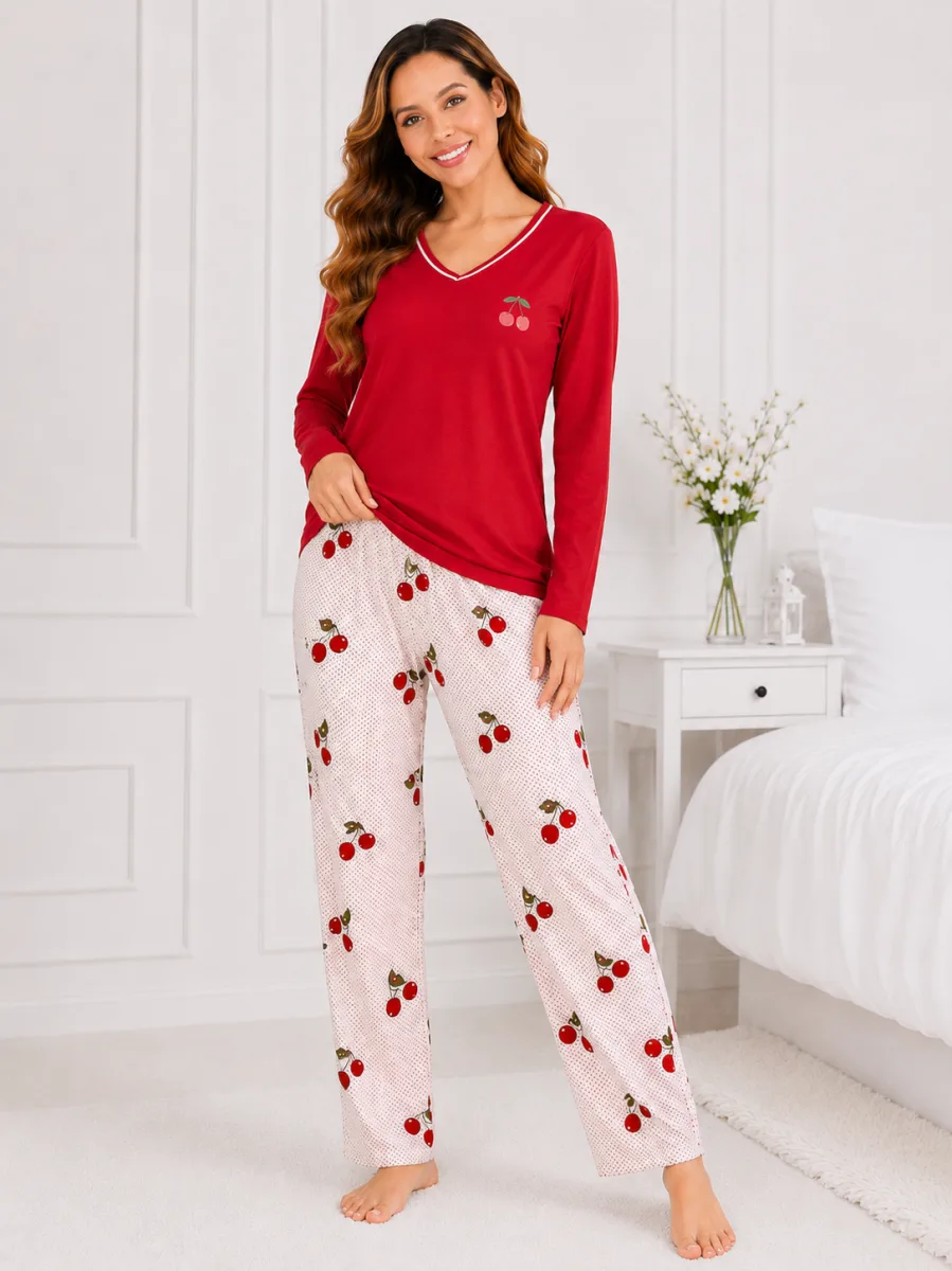 Pijama damă  Serena  bluză cu maneca lunga și pantaloni -Rosu ,Engros — Image 3