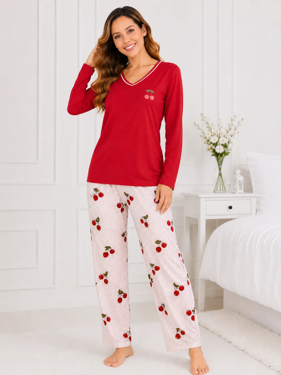 Pijama damă  Serena  bluză cu maneca lunga și pantaloni -Rosu ,Engros — Image 4