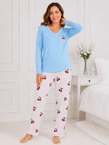 Pijama damă Serena  bluză cu maneca lunga și pantaloni -Bleu ,Engros