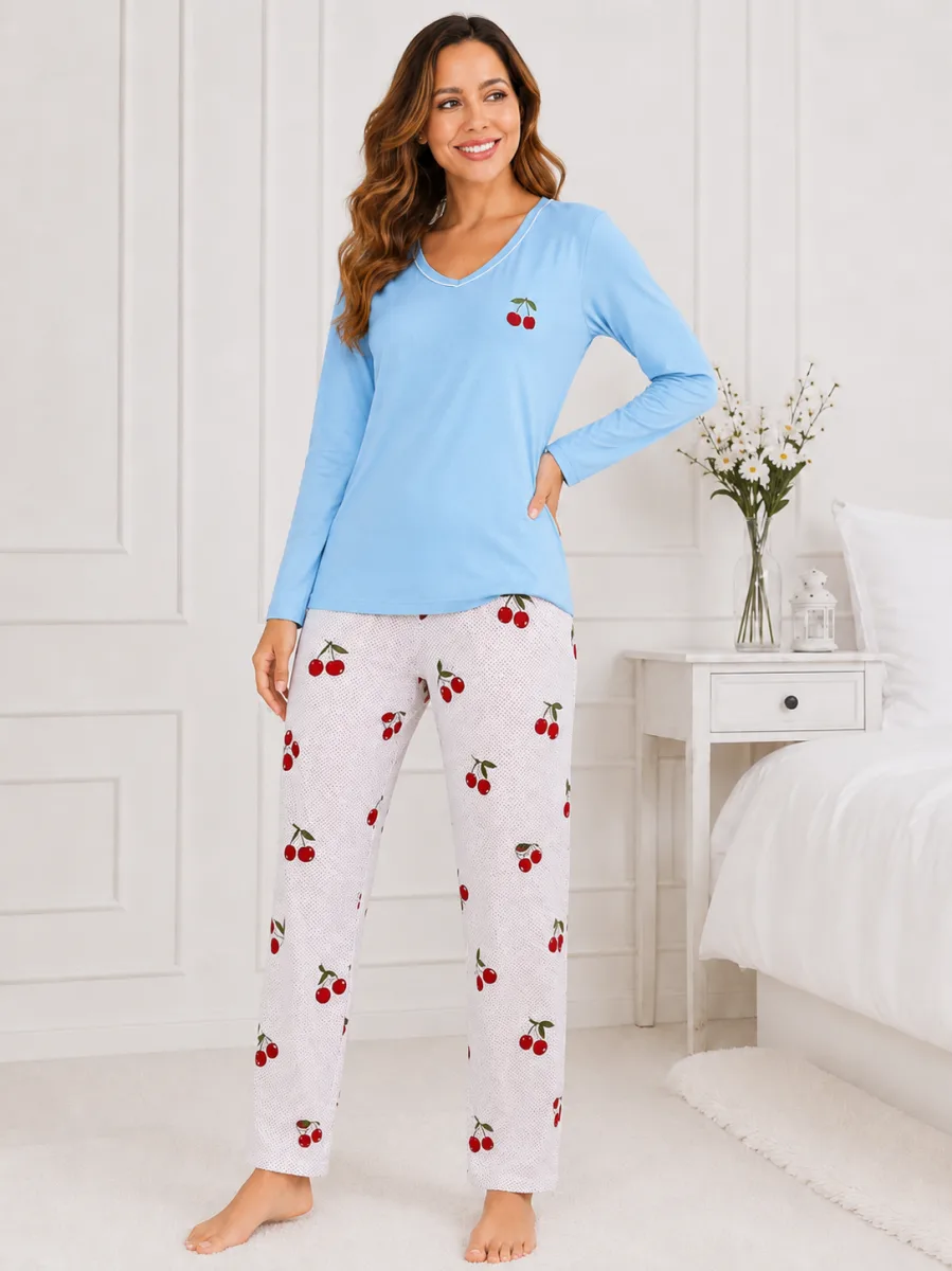 Pijama damă Serena  bluză cu maneca lunga și pantaloni -Bleu ,Engros — Imaginea 2