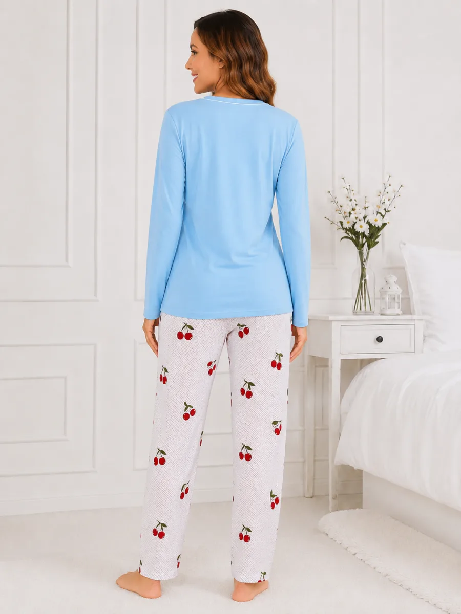 Pijama damă Serena  bluză cu maneca lunga și pantaloni -Bleu ,Engros — Imaginea 3