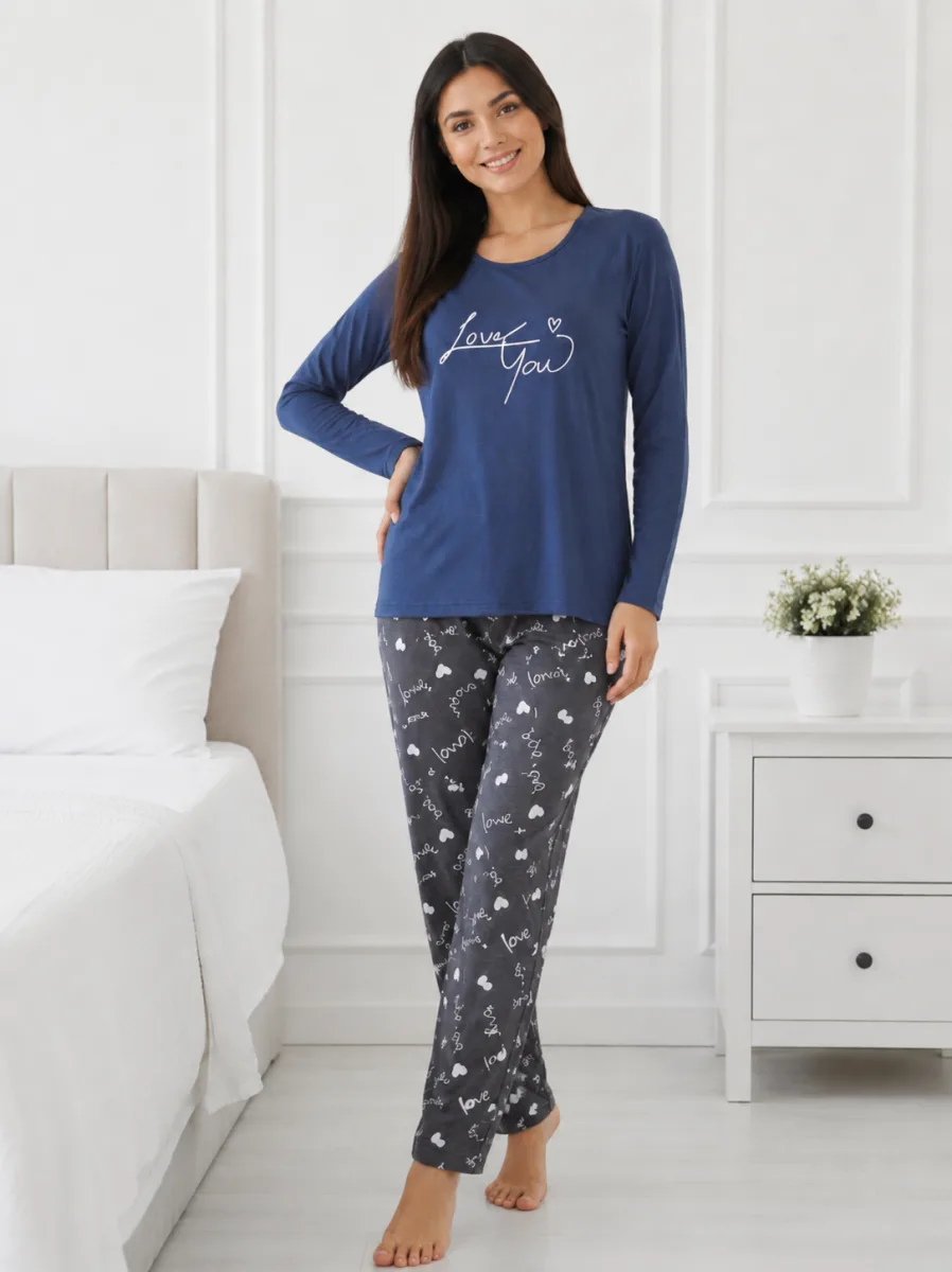 Pijama  damă  Serena bluză cu maneca lunga și pantaloni-bleumarin,Engros — Image 2
