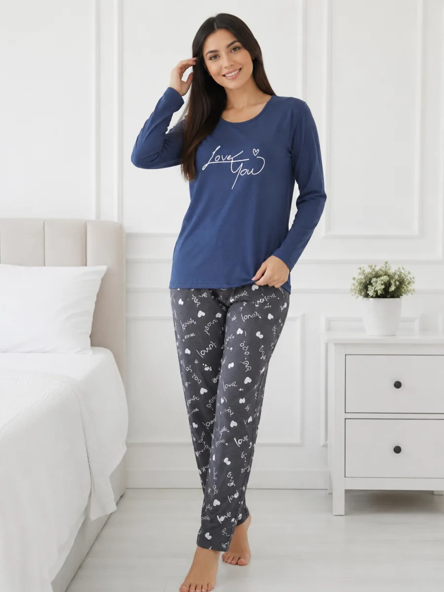Pijama  damă  Serena bluză cu maneca lunga și pantaloni-bleumarin,Engros — Image 3