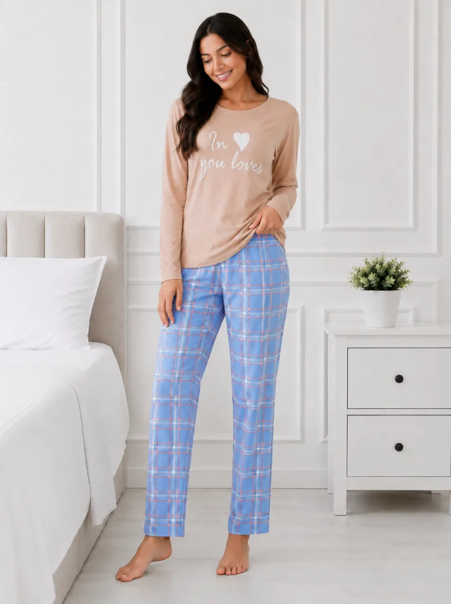 Pijama dama  Serena bluză cu maneca lunga și pantaloni-Bej,Engros — Görsel 2