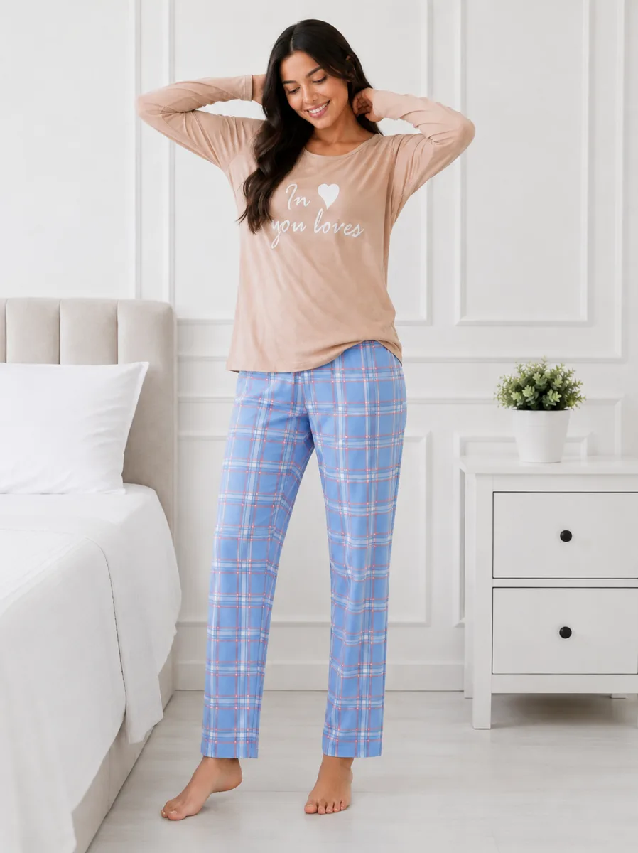 Pijama dama  Serena bluză cu maneca lunga și pantaloni-Bej,Engros — Görsel 3