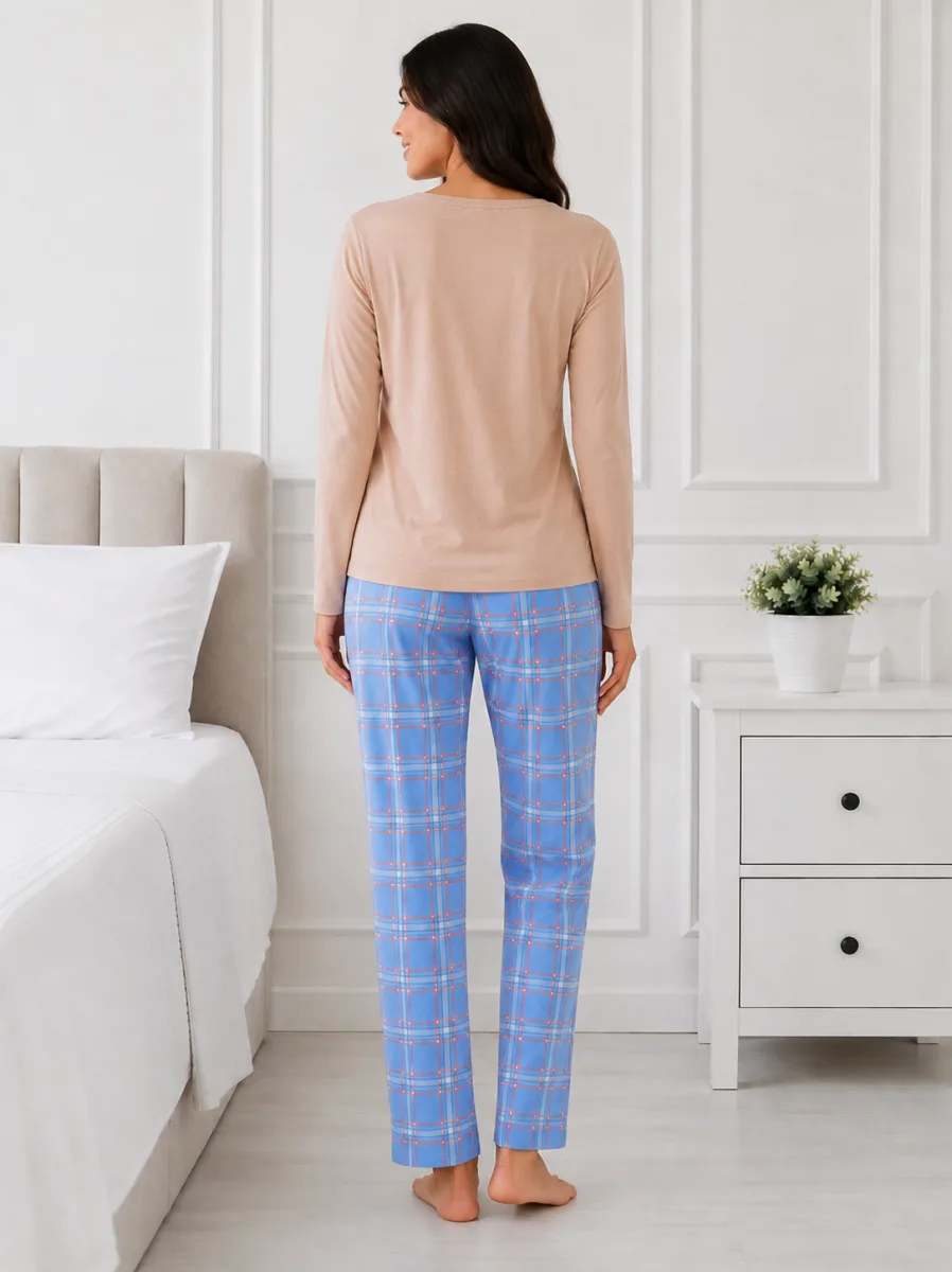 Pijama dama  Serena bluză cu maneca lunga și pantaloni-Bej,Engros — Görsel 4