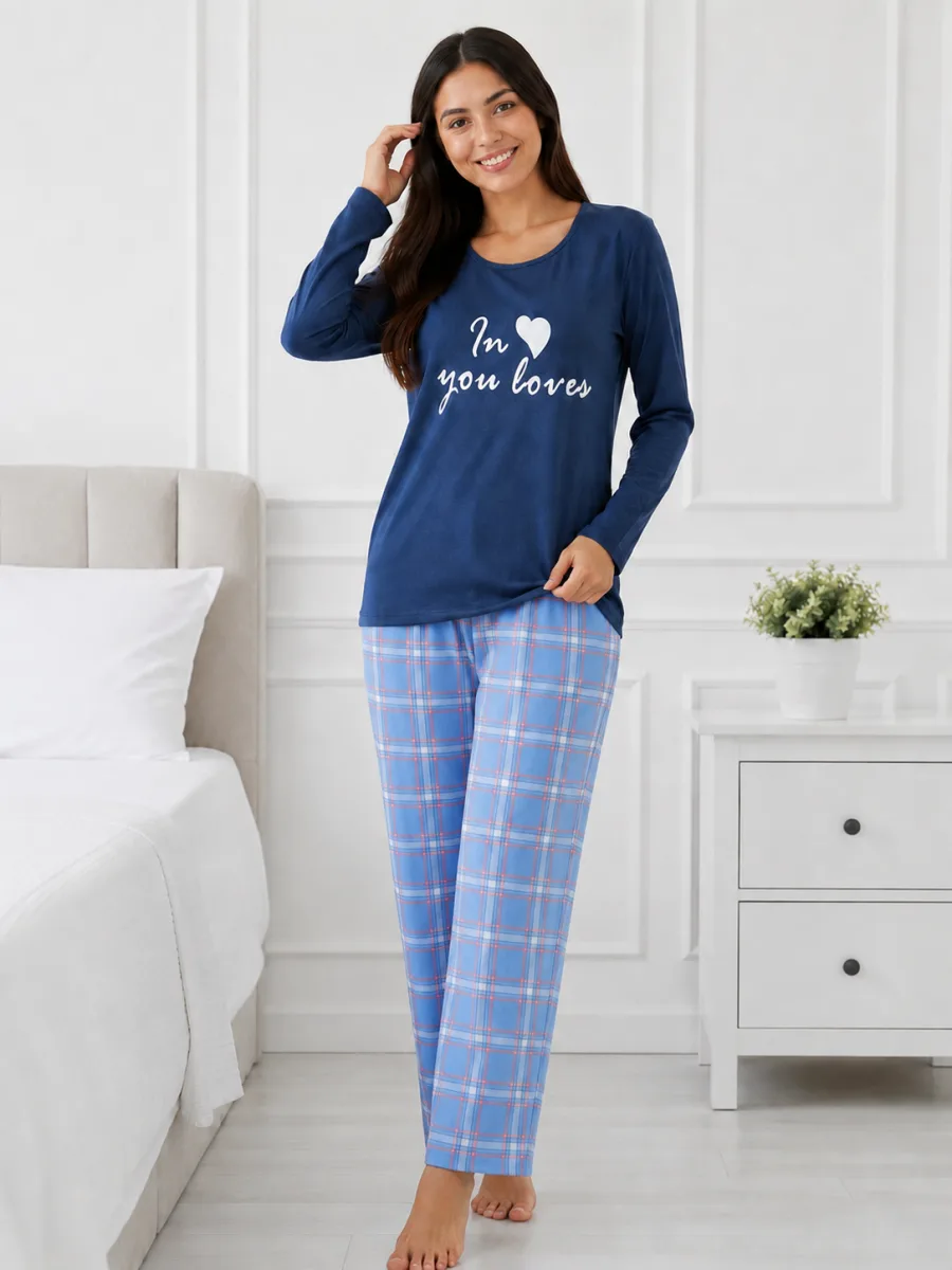 Pijama damă  Serena  bluză cu maneca lunga și pantaloni-Bleumarin,Engros — Image 1