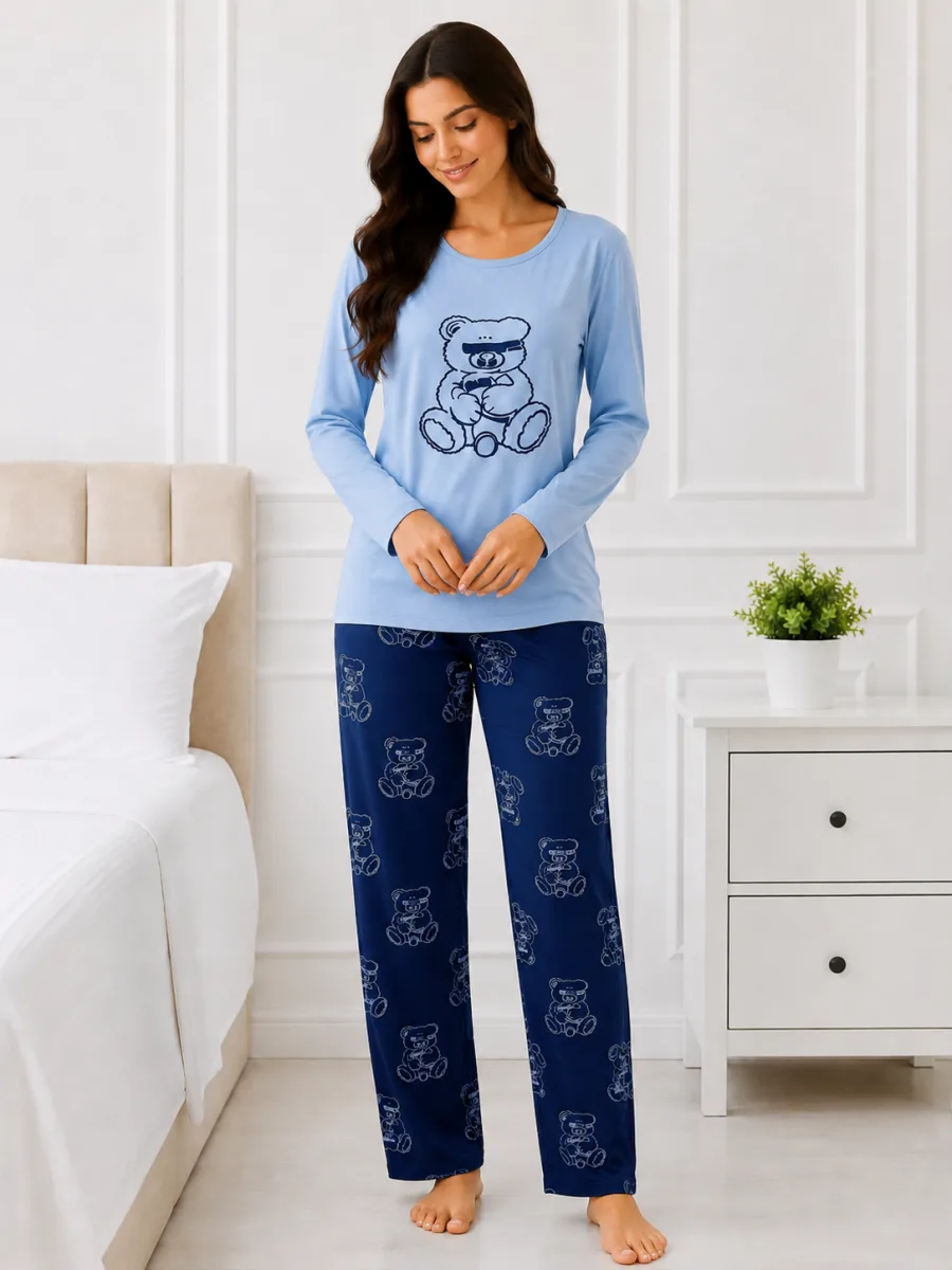 Pijama  damă  Serena  bluză cu maneca lunga și pantaloni-Albastru,Engros — Image 2
