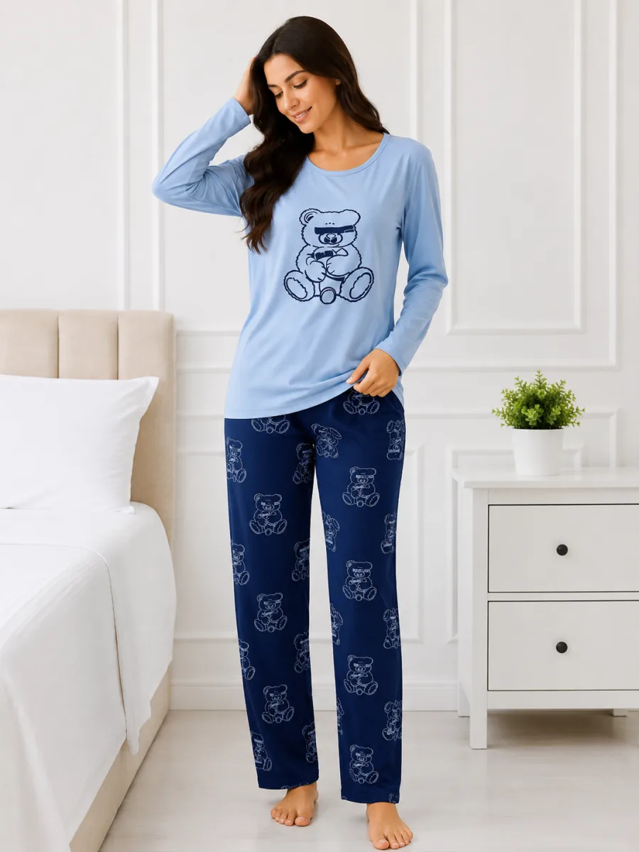 Pijama  damă  Serena  bluză cu maneca lunga și pantaloni-Albastru,Engros — Image 3