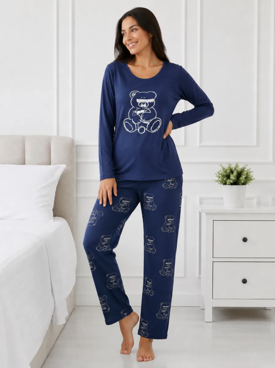 Pijama damă  Serena  bluză cu maneca lunga și pantaloni-Bleumarin,Engros — Image 2