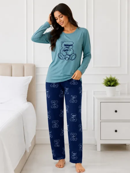 Pijama  damă  Serena  bluză cu maneca lunga și pantaloni-Turcoaz,Engros
