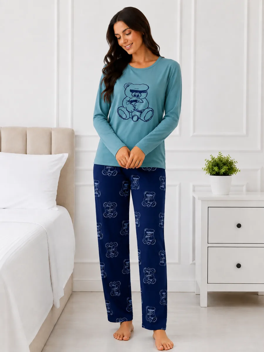Pijama  damă  Serena  bluză cu maneca lunga și pantaloni-Turcoaz,Engros — Imaginea 2