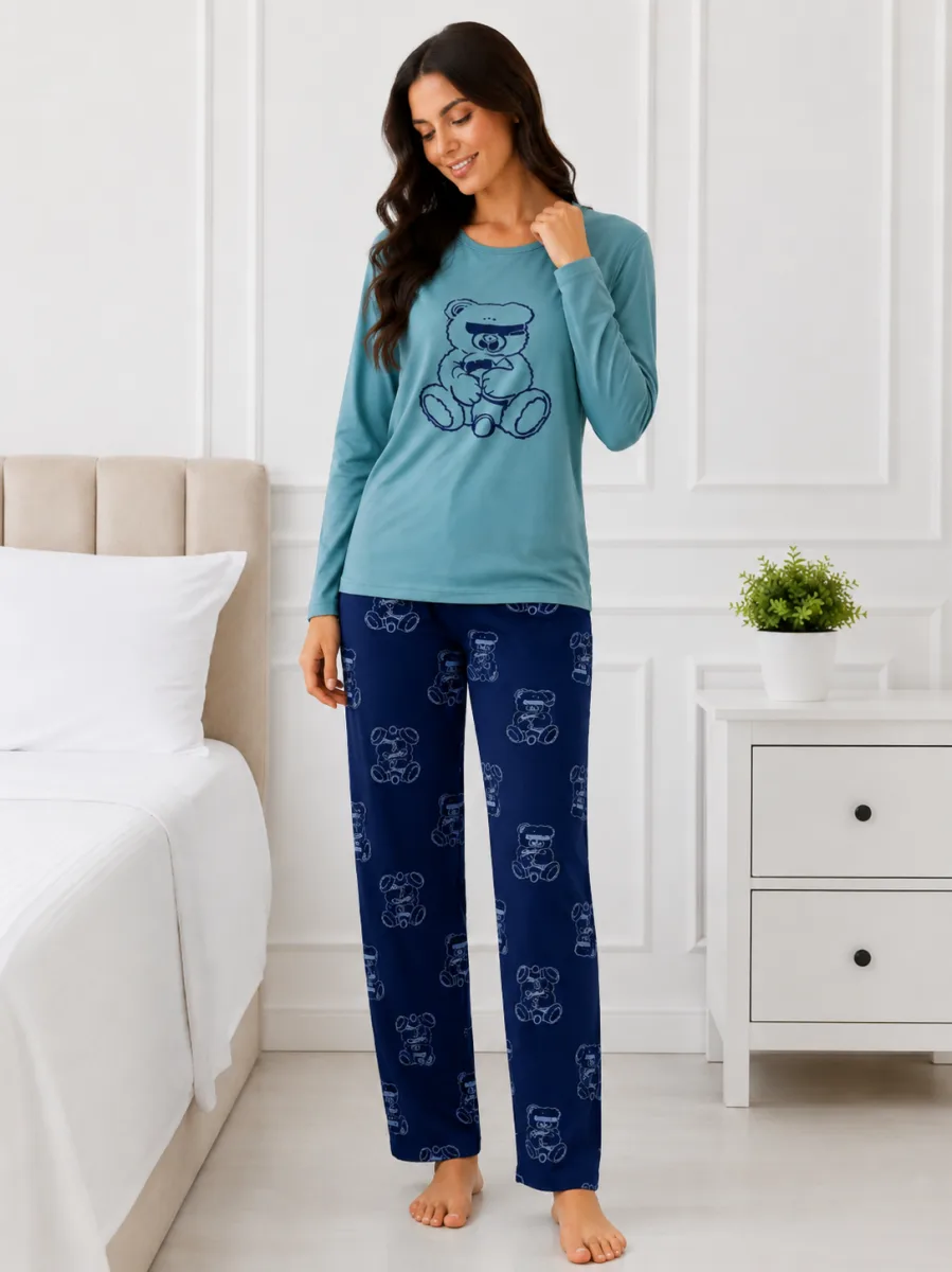 Pijama  damă  Serena  bluză cu maneca lunga și pantaloni-Turcoaz,Engros — Imaginea 3