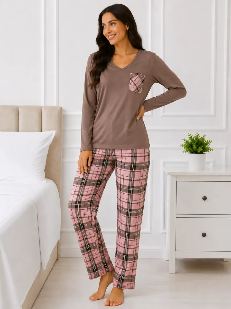 Pijama damă  Serena  bluză cu maneca lunga și pantaloni-Maro,Engros — Imaginea 2