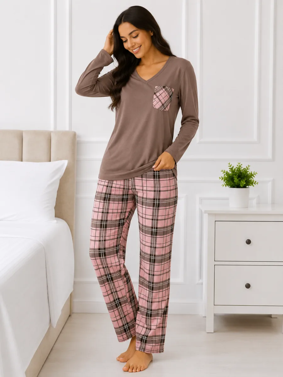 Pijama damă  Serena  bluză cu maneca lunga și pantaloni-Maro,Engros — Imaginea 3