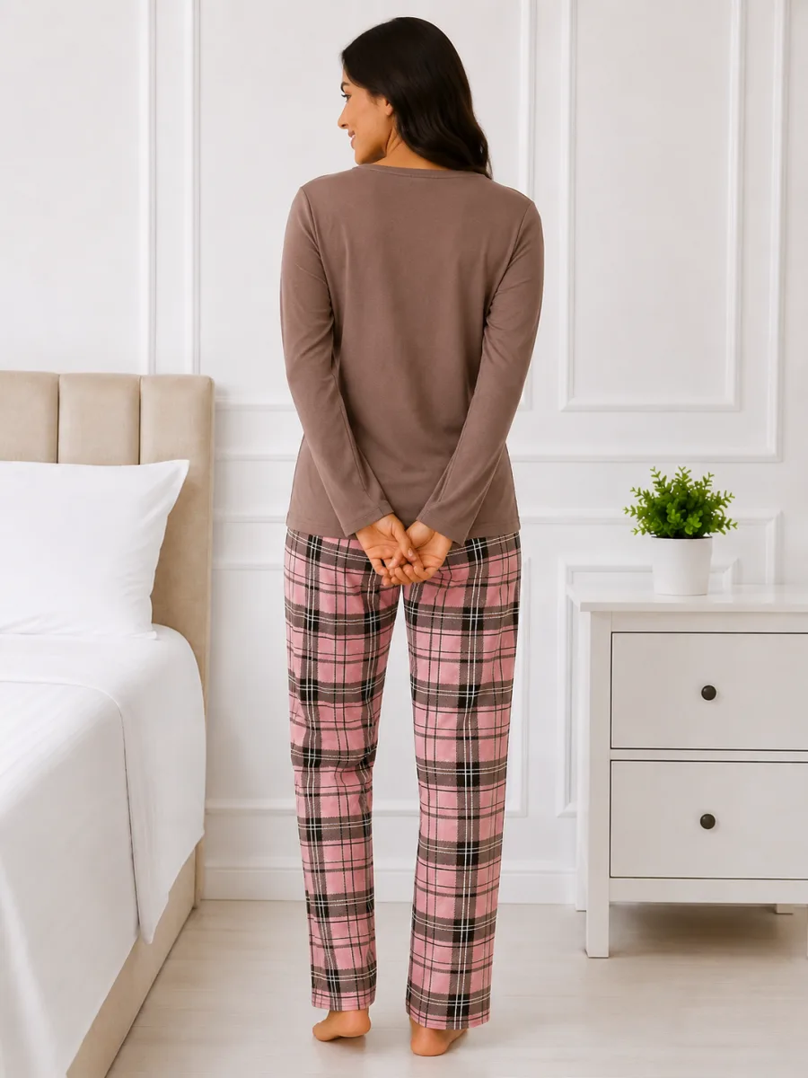 Pijama damă  Serena  bluză cu maneca lunga și pantaloni-Maro,Engros — Imaginea 4