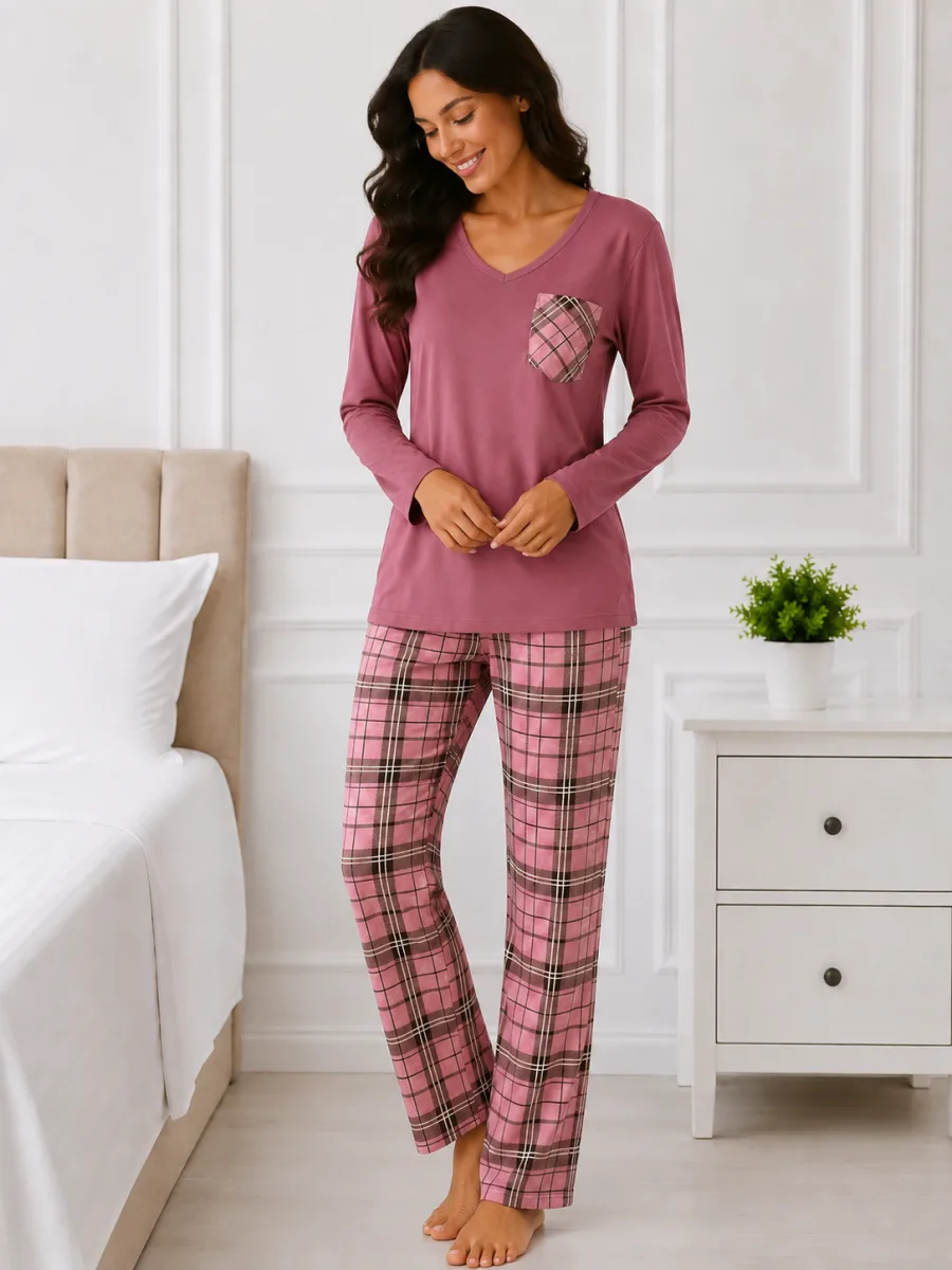 Pijama damă Serena bluză cu maneca lunga și pantaloni-Roz prafuit ,Engros — Imaginea 2