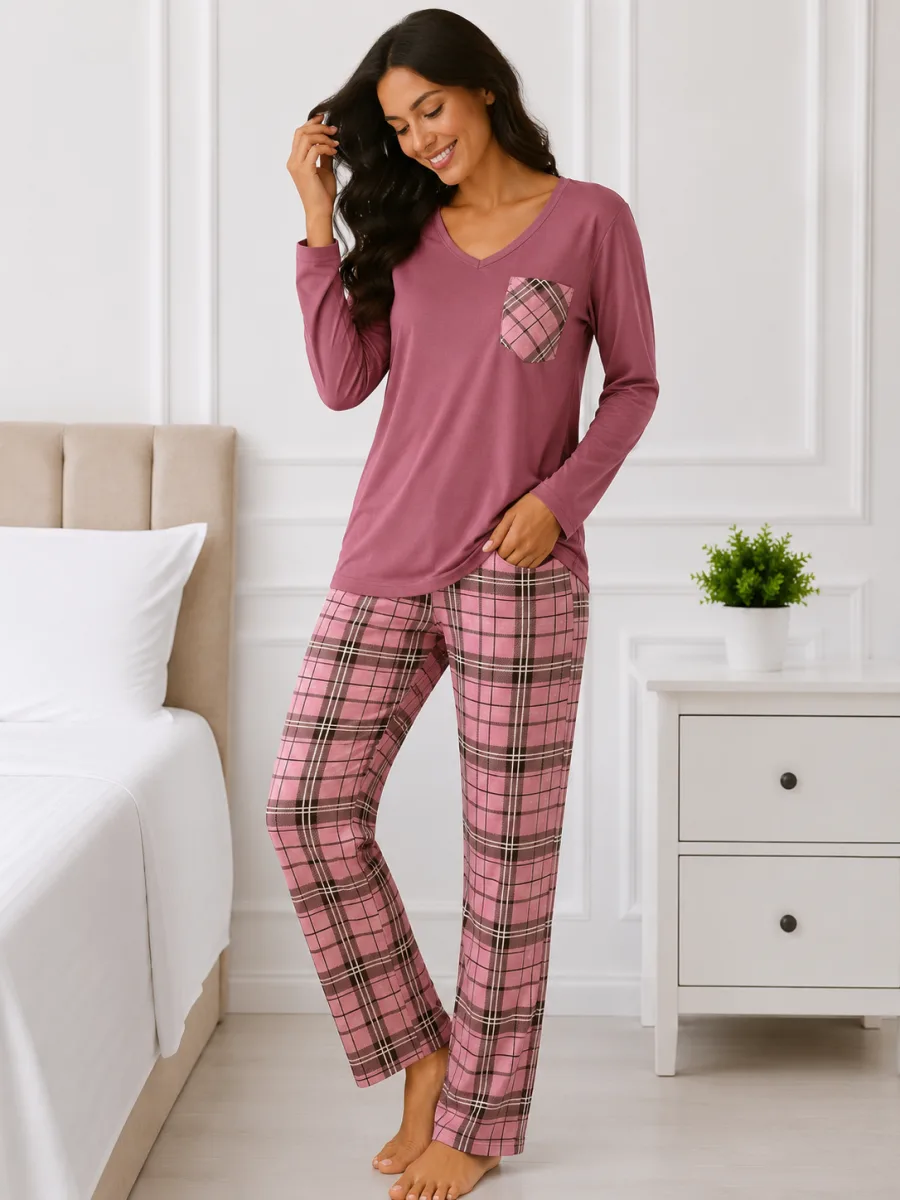 Pijama damă Serena bluză cu maneca lunga și pantaloni-Roz prafuit ,Engros — Imaginea 3