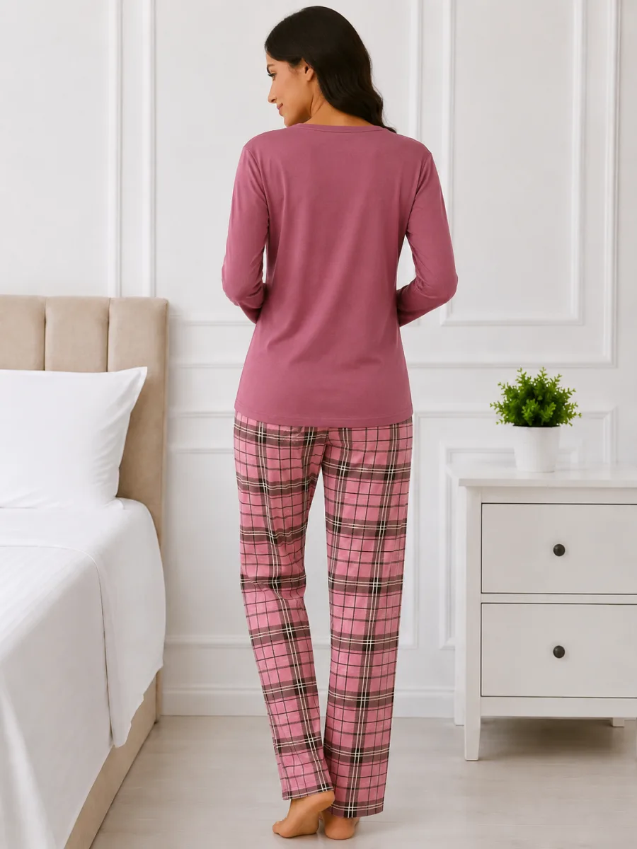 Pijama damă Serena bluză cu maneca lunga și pantaloni-Roz prafuit ,Engros — Imaginea 4