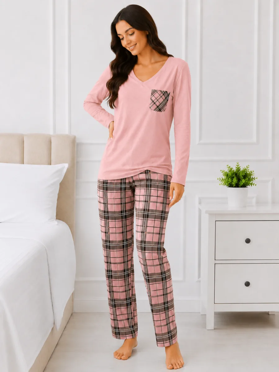 Pijama  damă Serena cu bluză cu maneca lunga și pantaloni-Roz deschis,Engros — Imaginea 2