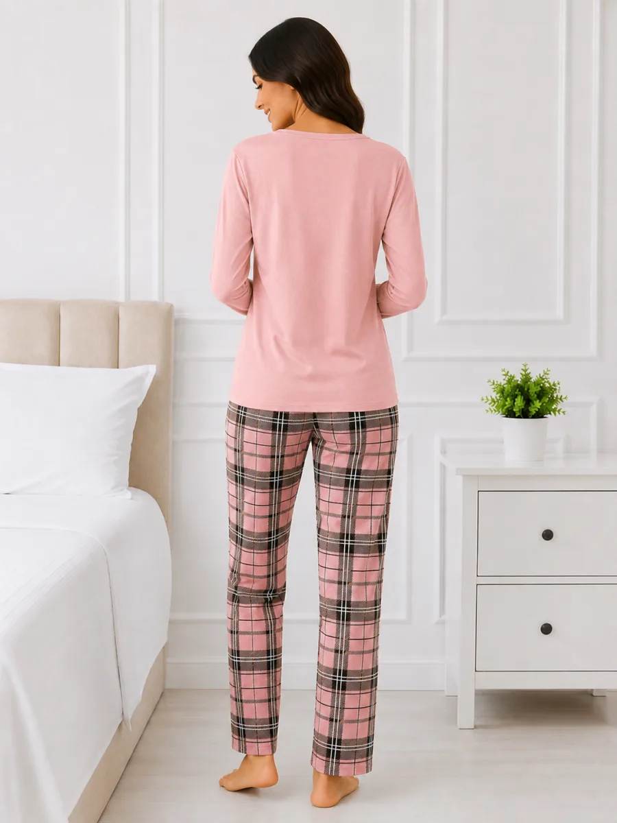 Pijama  damă Serena cu bluză cu maneca lunga și pantaloni-Roz deschis,Engros — Imaginea 3