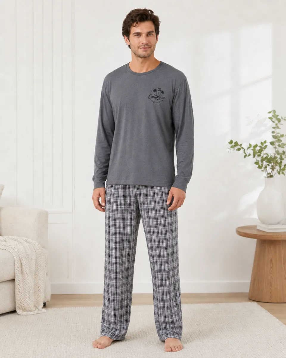 Pijama barbat Serena cu maneca lunga si pantalon lung-Gri, Engros — Görsel 2