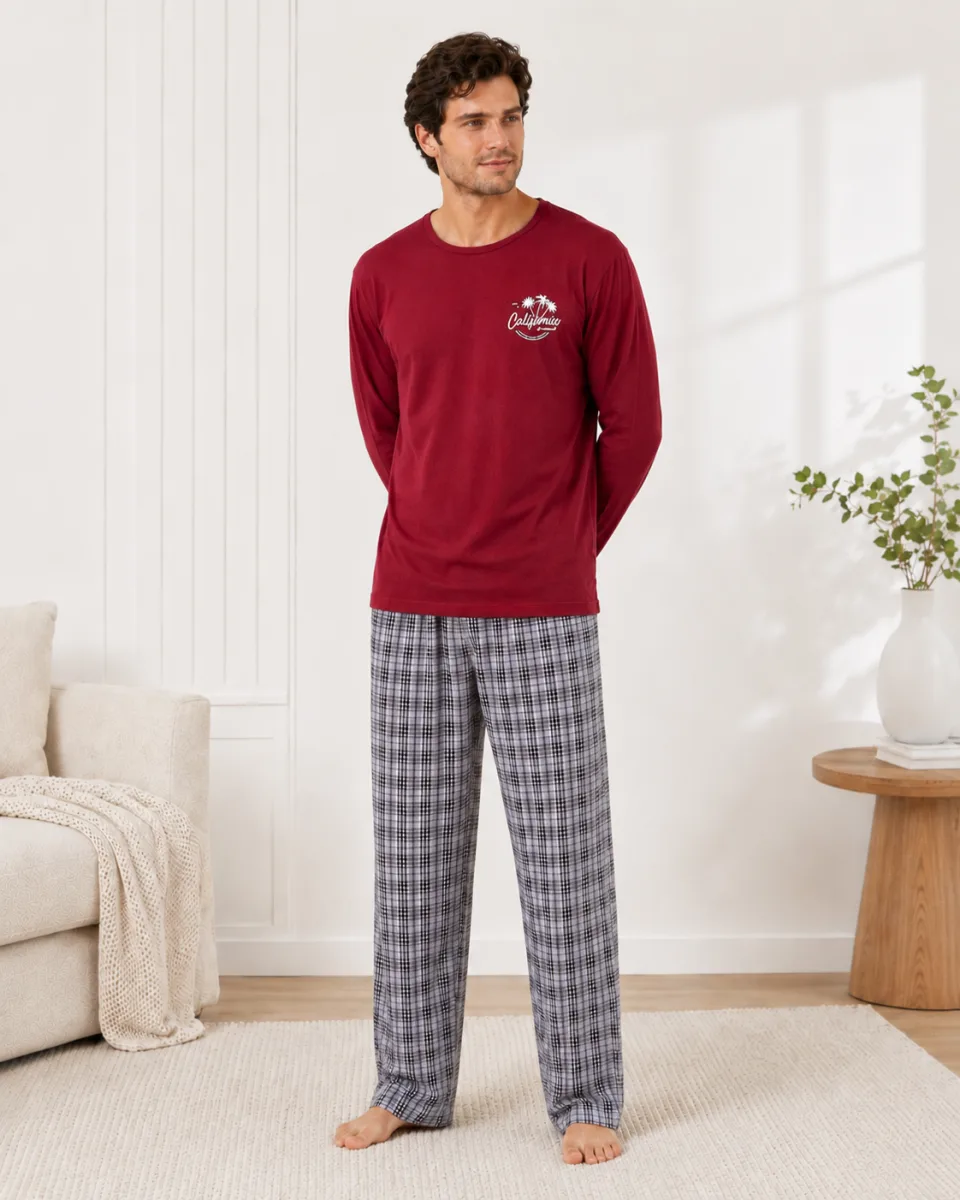 Pijama barbat  Serena cu maneca lunga si pantalon lung-Bordo, Engros — Görsel 2