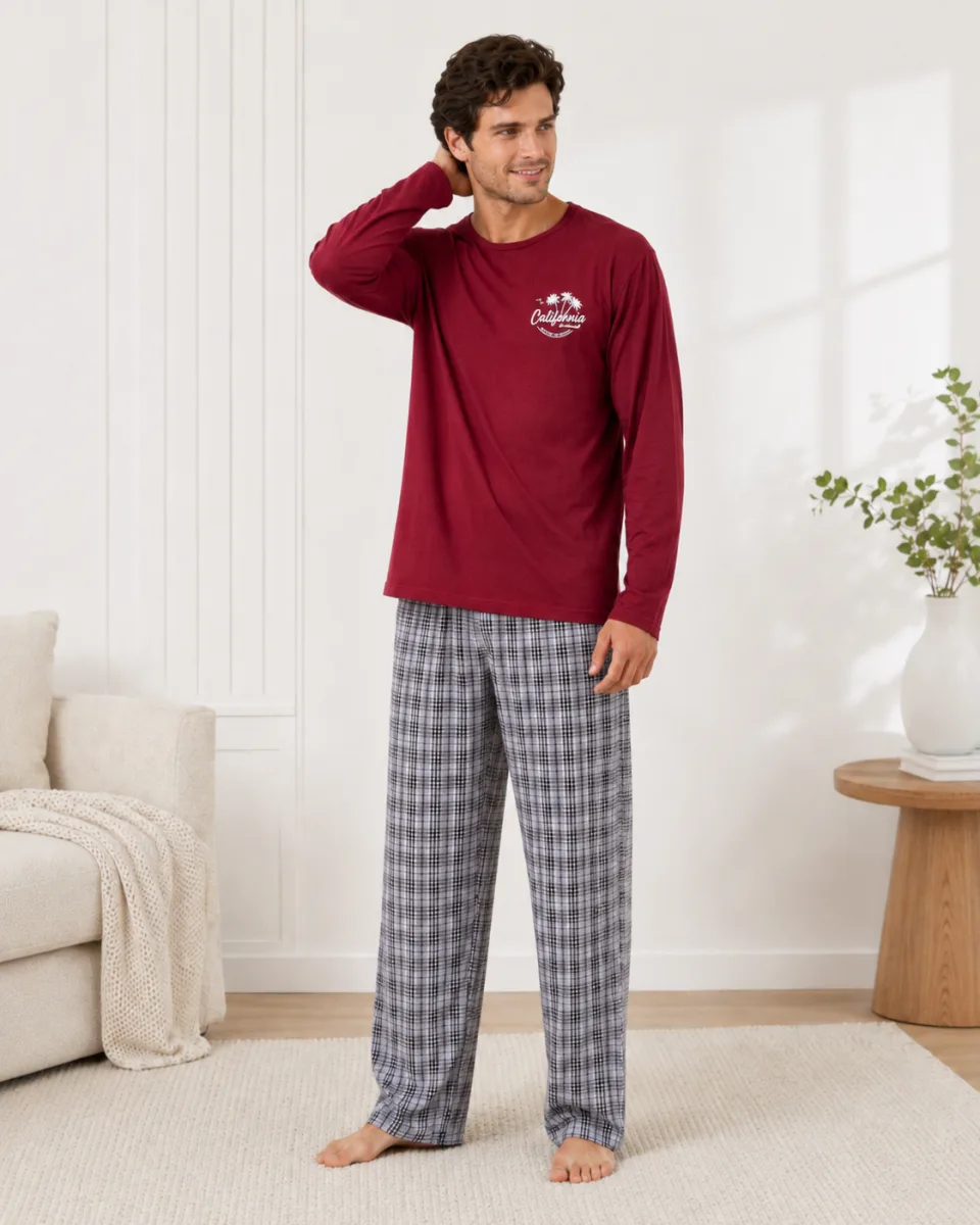 Pijama barbat  Serena cu maneca lunga si pantalon lung-Bordo, Engros — Görsel 3