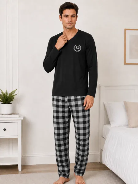 Pijama barbat Serena cu maneca lunga si pantalon lung-Negru, Engros